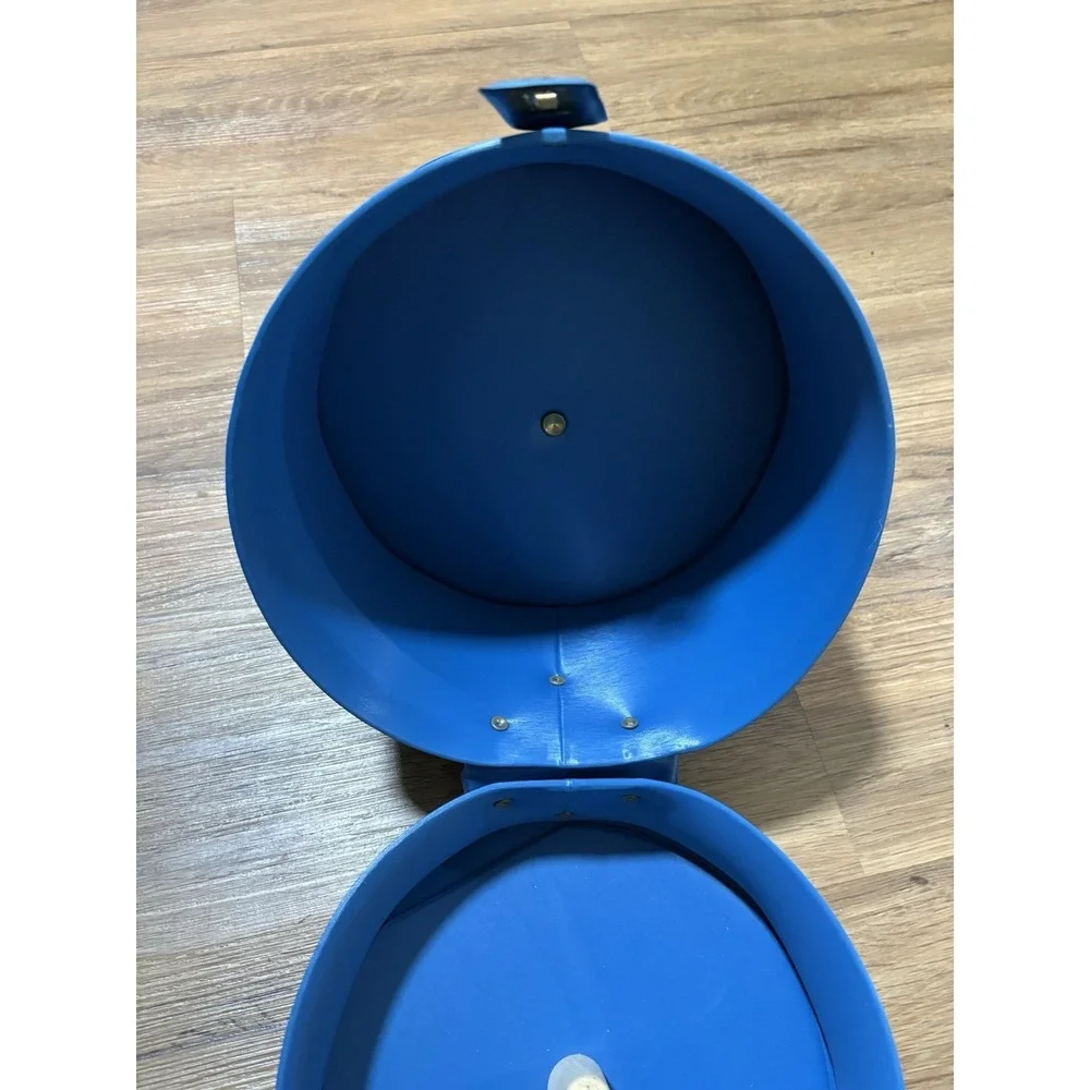 Vintage Blue Vinyl Wig Case Hat Box Travel Storage Carrier Mid Century Round